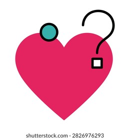 Pink heart shape with a question mark and geometric elements representing love quiz, dating mystery, relationship questions, romantic uncertainty, and matchmaking concepts.