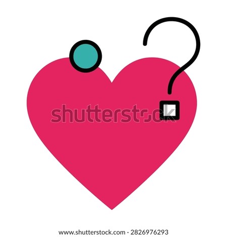 Pink heart shape with a question mark and geometric elements representing love quiz, dating mystery, relationship questions, romantic uncertainty, and matchmaking concepts.