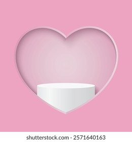 Pink heart shape and shadow background with white blank podium for Valentine's day, Vector illustration