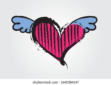 Pink Heart shape and wing vector illustration for valentine's day, wedding card, t-shirt. Hand drawn heart. logo design, web icon, angelic wings