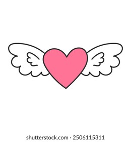 Pink Heart Shape with Wings Doodle Icon. Hand drawn Flying Love symbol. Outline vector illustration. Romantic sign.