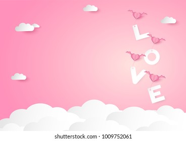 pink heart shape with wings and love word  over cloud vector background, love and valentine day concept, space for text or message design