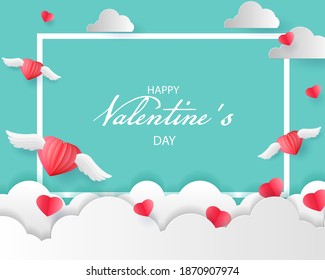 pink heart shape with wings over cloud vector background, love and valentine day concept, space for text or message design.