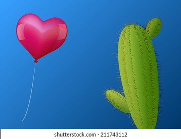 A pink heart shaped balloon approaches a cactus with many spines. Vector illustration on blue gradient background.