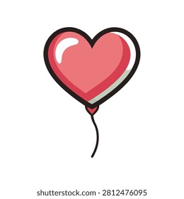 Pink heart shaped balloon with a dark outline and a curved string isolated on a white background, for celebration
