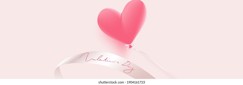 Pink heart shaped balloon, handwritten text Valentine's day. Vector