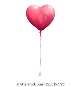 Pink Heart Shaped Balloon Isolated Detailed Hand Drawn Painting Illustration