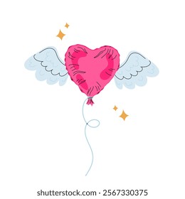 Pink heart shaped balloon. Balloon with wings. Valentine's Day. Flat illustration for postcard, print, poster, sticker.