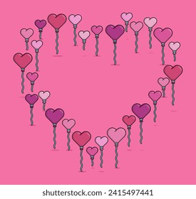 pink heart shaped balloons gathered to form a heart or love sign for Valentine events in Pixel illustration. Can be used for valentine merchandise, t shirt, sticker, banner, poster