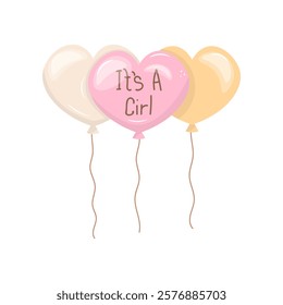 Pink heart shaped balloons for gender party. With the inscription "It's a girl" Vector stock image isolated on white background.