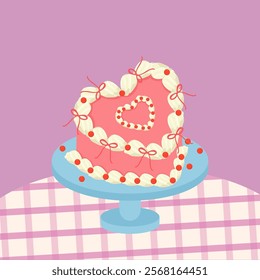 Pink heart shaped cake with colorful candy sprinkles and ribbon decoration for Valentine's Day, weddings, birthdays and anniversaries.