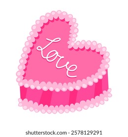 Pink heart shaped cake with "love" lettering. Sweet cake. Cute simple illustration for valentine's day card, white background.	