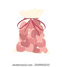 Pink heart shaped candies in transparent gift bag tied with ribbon isolated on white background. Hand drawn vector illustration in flat style. Happy Valentines day greeting card, gift, children cookie