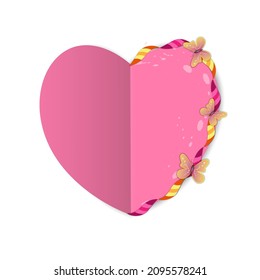 Pink heart shaped card with butterflies and festive ribbon.Paper cut style.Vector illustration for greeting card, poster, or print.