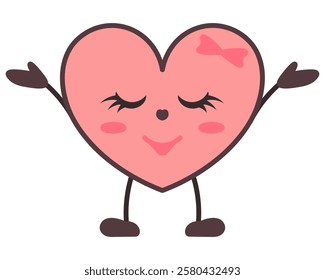 Pink heart shaped character smiles dreamily. Lady in the shape of love symbol, fantasizing, closes eyes, spreading hands to the sides. Bow decoration, eyelashes. Color vector illustration. Kawaii.