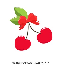 Pink heart shaped cherries with a red bow. Symbol of love. Flat style.