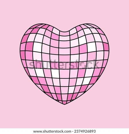 Pink heart shaped disco ball in retro style. Vector outline illustration on isolated background	