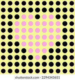 Pink heart shaped dots on a yellow background, black dots.