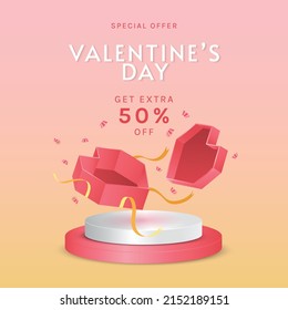 A pink heart shaped gift box floats in the air and has a round podium under the box.