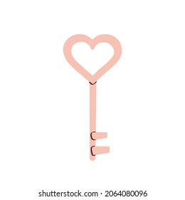 Pink heart shaped key. Saint Valentine's Day. Romantic object. Love element. Vector illustration in cartoon style. Isolated on white background.