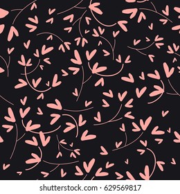 Pink heart shaped leaves seamless cute vector pattern on dark background.