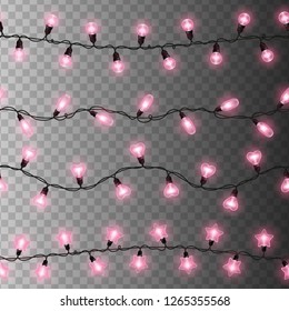 Pink heart shaped lights isolated on transparent background. Glowing bulbs for Happy Valentines Day Design. Seamless garlands for holiday party