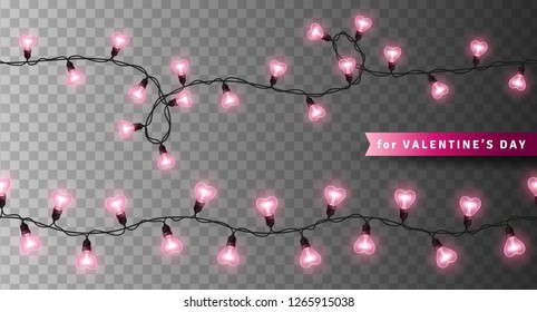 Pink heart shaped lights isolated on transparent background. Glowing bulbs for Happy Valentines Day Design. Seamless garlands for holiday party