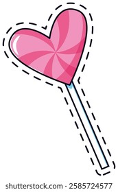 Pink heart shaped lollipop featuring a stick and a delightful spiral design, surrounded by a dashed line that mimics a sew on patch, perfect for adding a playful touch