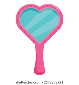 Pink heart shaped mirror reflecting a light blue background with light lines on a white background