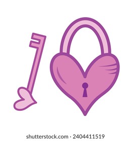 Pink heart shaped padlock and key vector illustration icon outlined isolated on white square background. Simple flat minimalist art styled drawing.
