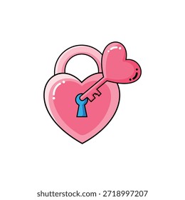 Coração rosa em forma de cadeado e ilustração chave