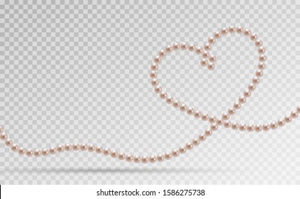 Pink heart shaped pearl chain. Thread pearls. Pearl necklace. Shiny oyster pearls. Luxury accessories. Realistic pearls. Beautiful natural heart shaped jewelry. Symbol of love. Vector illustration