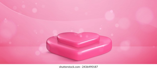 Pink heart shaped product podium mockup on pastel background. Realistic 3d vector of two step stair platform in form of love symbol for Valentine day promo or congratulations. Goods display showcase.