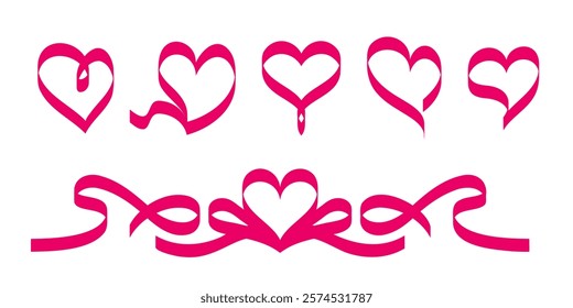 Pink heart shaped ribbons set isolated
