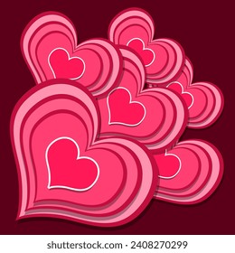 Pink heart shapes with on dark red background to celebrate Valentine's Day on February 14