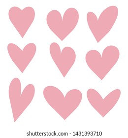 Pink Heart Shapes on White Background. Love symbols. Flat Heart Silhouettes Vector. icons. Vector illustration Design Elements Set. - Vector