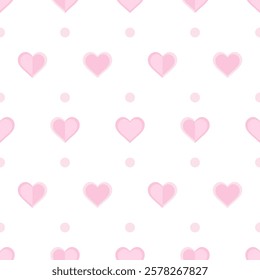 Pink heart shapes and polka dot isolated on a white background. Seamless pattern in flat style. Gentle background for paper, card, textile, gift wrap, cover. Valentines day symbol.
