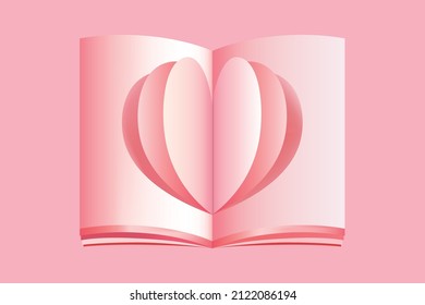 Pink heart shapes pop-up book for valentine. Three layers heart shape on a book. Pastel colours background. 3D Illustration of Love Shapes Popping Out of a Pop Up Book. Valentine's day decoration.