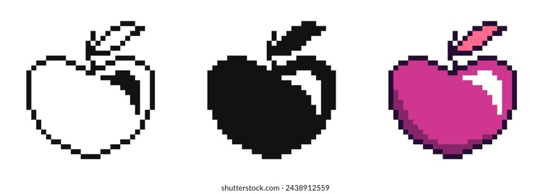 Pink Heart shpaed Apple, Pixel Art Icon Set