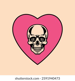 Pink heart with a skull in the middle, blending love and gothic aesthetics. Perfect for tattoos, stickers, and trendy vector illustrations with a spooky yet romantic vibe