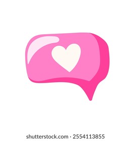 Pink heart speech bubble icon in cartoon style. Perfect for romantic message, Valentines Day card, love chat, sticker and social media design. Cute and playful art.