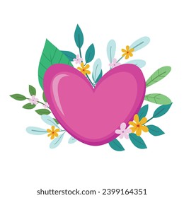 Pink heart with sprigs of leaves and flowers. Valentine's Day. Flat heart illustration. Vector.