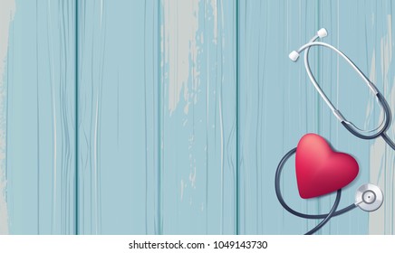 Pink heart and stethoscope on blue wooden background. Happy nurse day concept. Vector illustration