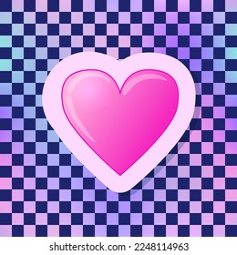 Pink Heart sticker. Vector illustration over chequer pattern background. Pin, patch design.