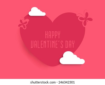 Pink heart with text Happy Valentine's Day, butterflies and clouds.