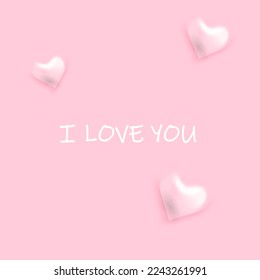 Pink heart. Text of love. Vector realistic 3d object. Happy valentines day, women day holiday, dating invitation, wedding or marriage greeting card design. Vector romantic.