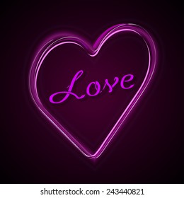 Pink heart with text Love. Vector shapes on the dark background.