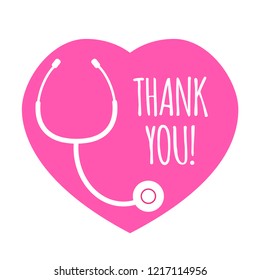 Pink heart with text thank you and stethoscope, greeting  doctor with medical holiday. Vector illustration