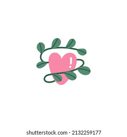 A pink heart that wraps around a green branch with leaves. A symbol of love for nature and the world. Love, peace, ecology. Cute vector illustration. Hand drawn style