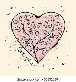 Pink heart with the tree. I love you. Valentine's Day. watercolor, grunge.